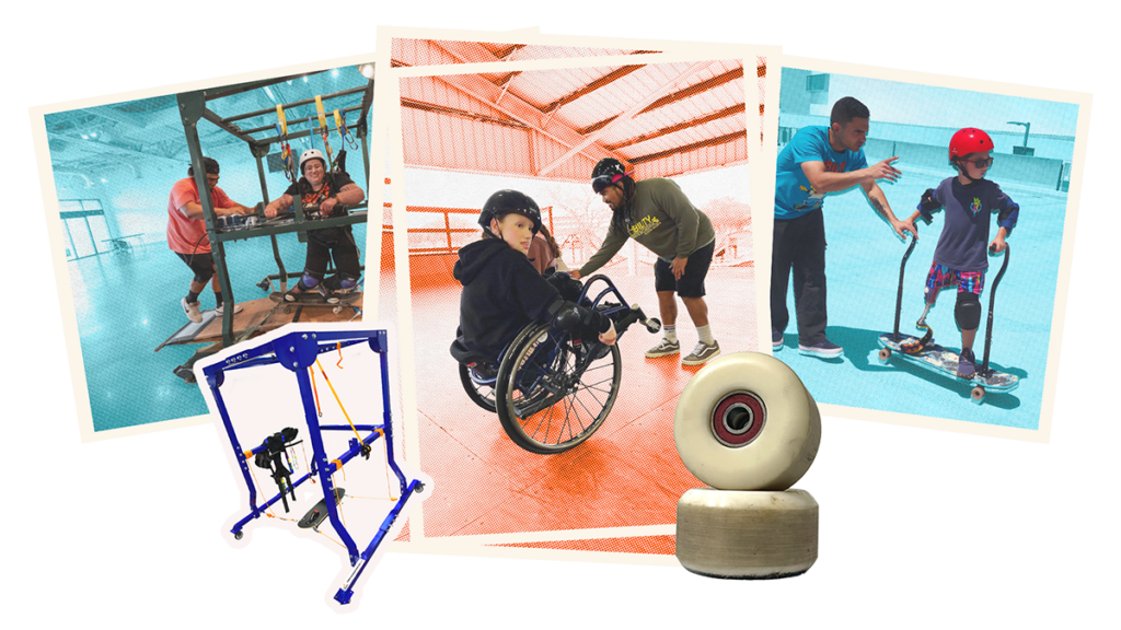 Adaptive riders in various settings skateboarding